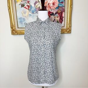 Vintage 60s Lisa Dale Black & White Floral Button Up Sleeveless Top